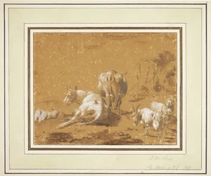 Landschaft mit Kühen und Ziegen