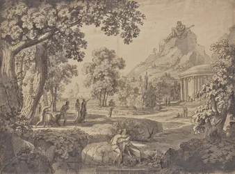 Klassische Landschaft mit einem Tempel, auf einem Berg ein Riese
