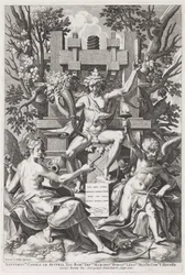 Bacchus auf einem Fass zwischen Amor und Musik