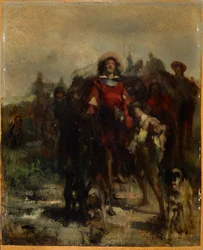 Ritter, Knabe und drei Hunde, möglicherweise auf der Jagd