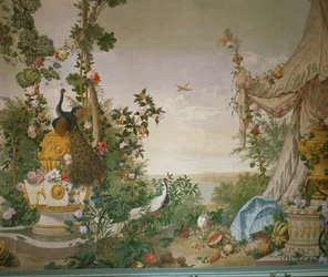 Gartenszene mit Pfau und Zelt im Gartenraum des Schlosses Schönbrunn