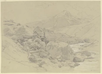 Wassermühle in einer Gebirgslandschaft
