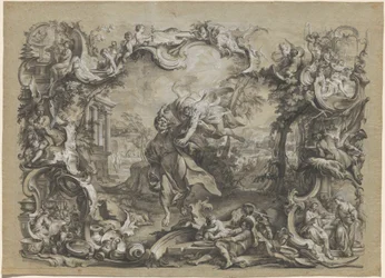 Der Engel, der Habakuk an seinen Haaren davonträgt, umgeben von einem aufwendigen Rokoko-Rahmen, um 1750