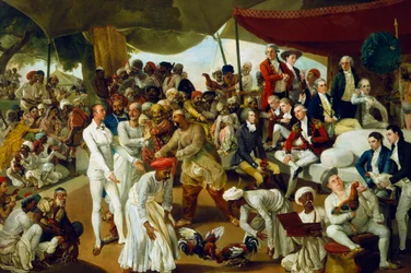 Oberst Mordaunt beobachtet einen Hahnenkampf in Lucknow, Indien, 1790