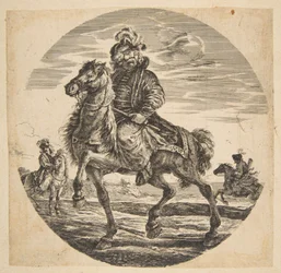 Ungarischer Reiter, der nach links reitet, andere Reiter im Hintergrund, ein Kreis... n.d.