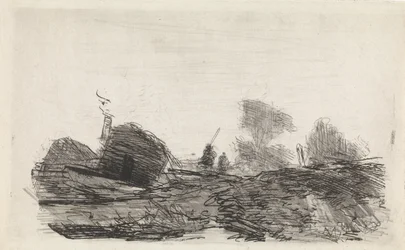 Landschaft mit einer Scheune und zwei Reitern