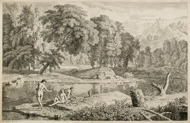 Arkadische Landschaft mit einem Fluss und drei Badenden