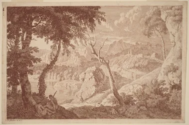 Gebirgslandschaft mit zwei rastenden Männern