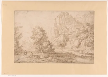 Gebirgslandschaft mit einer Brücke über einen Wasserfall