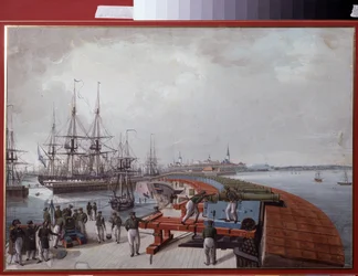 Blick auf Reval (heutiges Tallinn, Estland), der Hafen und die russische Küstenartillerie