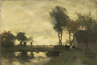 Landschaft mit einem Bauernhof in der Nähe eines Sees