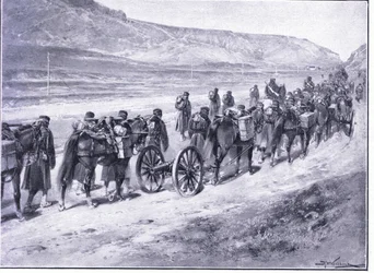 Eine Batterie Feldgeschütze auf dem Weg nach Ichon, Illustration aus Cassells Geschichte des Russisch-Japanischen Krieges Band 1, ca. 1900