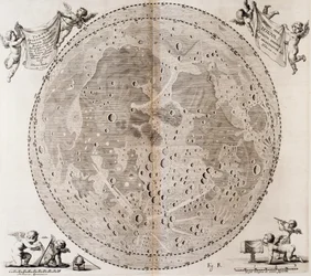 Erste detaillierte Mondkarte, gezeichnet 1647 von Johann Hevelius, Druck aus Johann Hevelius