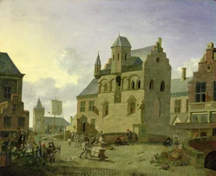 Marktplatz mit Figuren und Bauern, die auf einem Marktplatz handeln