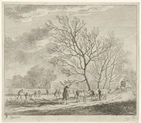 Winterlandschaft mit Kühen und Schlittschuhläufern