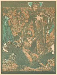 Frauenfiguren mit Mann auf dem Rücken eines Vogels