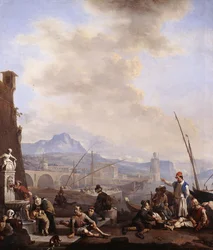 Ein Mittelmeerhafen mit einem Mann, der an einem Brunnen trinkt, Galeerensklaven, Kaufleuten und Hafenarbeitern
