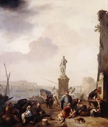 Ein Mittelmeerhafen mit dem Denkmal des Großherzogs Ferdanindo I. von Toskana in Livorno