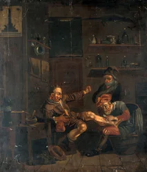 Ein Chirurg behandelt den Fuß eines Mannes. Nach einer Johannes Lingelbach zugeschriebenen Komposition.