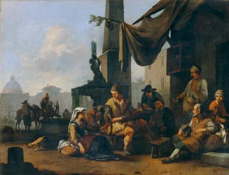 Italienische Bauern trinken an der Tür einer römischen Herberge