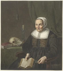 Porträt einer sitzenden alten Frau mit aufgeschlagenem Buch