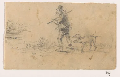 Jäger mit Hunden und einem Hasen auf dem Rücken
