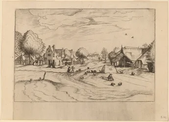 Dorf mit Schafen und sitzendem Schäfer