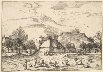 Bauernhöfe, Vieh mit Hirten und Milchmädchen im Vordergrund aus Multifariarum casularu..., 1559-61