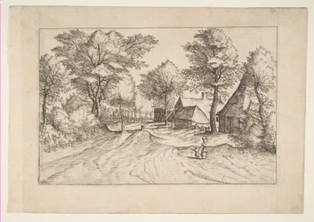 Dorfstraße mit einem Bauernhof und Schuppen, aus der Serie Die kleinen Landschaften Multifariaru...