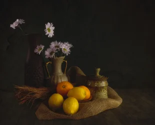 Stimmungsvolle Blumen und Früchte