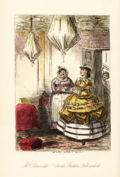 Englische Dame begutachtet ein elegantes Zimmer mit abgedeckten Möbeln und Kronleuchtern in braunen Hollandballons