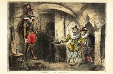 Guy Fawkes, Anführer der Pulververschwörung, am 5. November 1604 im Keller des Parlamentsgebäudes gefasst