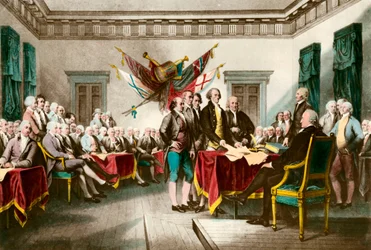 Unterzeichnung der Unabhängigkeitserklärung der Vereinigten Staaten im Jahr 1776. Stich nach dem Gemälde von John Trumbull (1756-1843), 1783. Privatsammlung