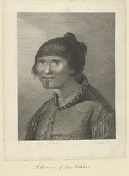Eine Frau von Oonalashka. Nach der Natur gezeichnet von J. Webber und graviert von Jean-Marie Delatre. Zeichnung des Kopfes und der Schultern einer Frau, die dreiviertel nach links schaut. Sie trägt einen eng anliegenden Robbenfellmantel, von dessen Nähten