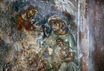 Fresko der Heiligen Familie in der byzantinischen Kirche Ayios Stephanos, Drakona, Kreta, Griechenland