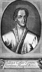 Porträt von Lucilio Vanini, bekannt als Giulio Cesare Vanini (1585-1619), italienischer Philosoph, Arzt und Freidenker, der einer der ersten bedeutenden Vertreter des intellektuellen Libertinismus war, Gravur