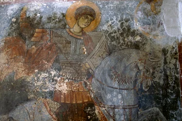 St. Georg, Fresko von Ioannis Pagomenos in der Kirche Agios Georgios, Anidri, Kreta, Griechenland
