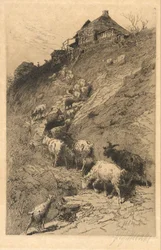 Unbetitelte Landschaft mit Ziegen