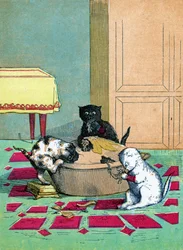Drei kleine Kätzchen mit Fäustlingen essen einen Kuchen, Illustration aus "Three Little Kittens"