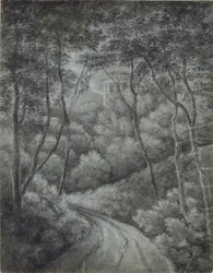 Landschaft mit einem Pfad durch einen Wald und einem klassischen Tempel