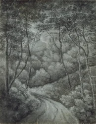 Landschaft mit einem Weg durch einen Wald und einem klassischen Tempel, spätes 18. Jahrhundert