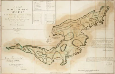 Plan der Insel Bequia, erstellt durch tatsächliche Vermessung unter der Leitung der ehrenwerten Kommissare für den Verkauf von Land in den abgetretenen Inseln von John Byres, Hauptvermesser, 1776