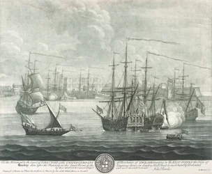 Ansicht von Bombay (Indien), gewidmet dem Direktor der British East India Company. Gravur von John Bowles (?)