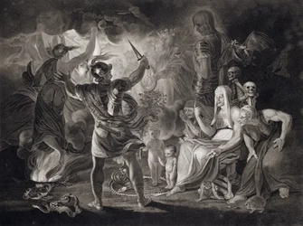 Macbeth, die drei Hexen und Hekate im IV. Akt, 1. Szene von „Macbeth“ von William Shakespeare (1564-1616), veröffentlicht 1805