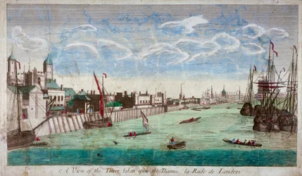 Ansicht des Tower of London mit Booten auf der Themse