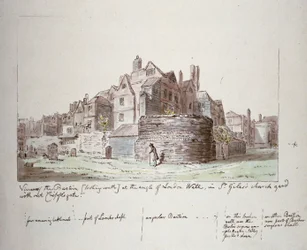 Bastion am Winkel der London Wall, St. Giles ohne Cripplegate Kirchhof, City of London, 1779