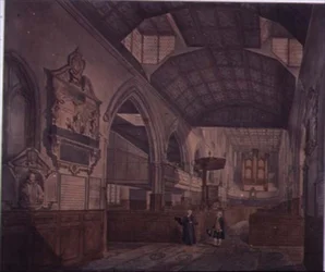 Innenansicht der Kirche St. Giles, Cripplegate, Blick nach Westen, zeigt das Denkmal von Constance Whitney