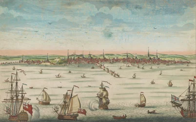 Südostansicht der großen Stadt Boston in Neuengland in Amerika, 1730-60