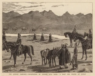 Der afghanische Feldzug, Deportation von Sirdars nach Indien, ein Halt zum Gebet bei Sonnenuntergang