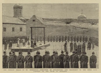 Die Nihilistenprozesse in St. Petersburg, Hinrichtung von Kviatkovsky und Presniakov in der Peter-Paul-Festung am 5. November 1880